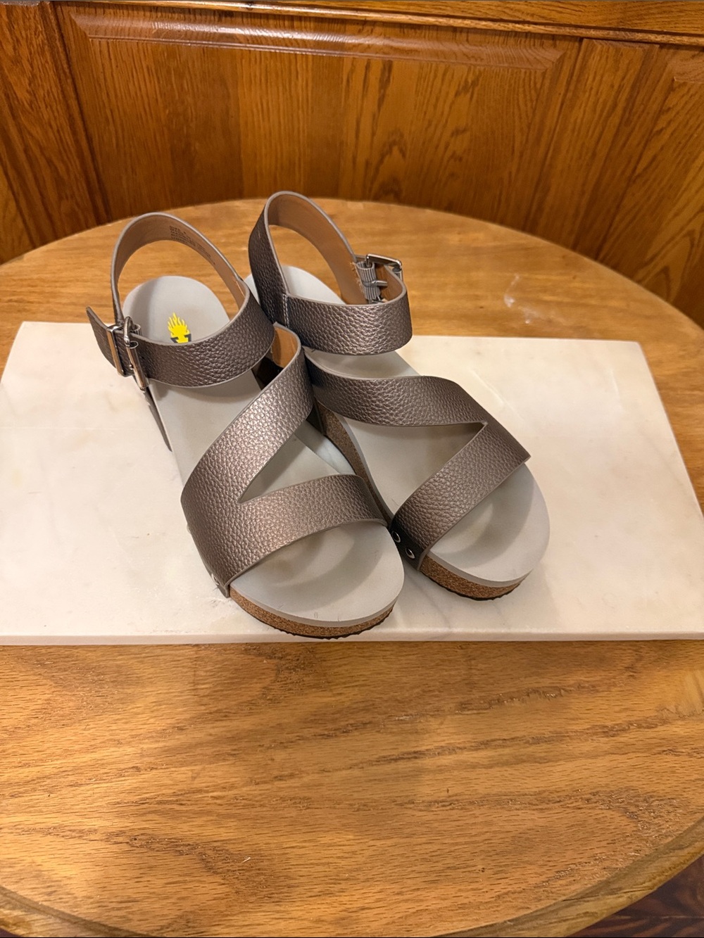 Volatile Metallic Taupe Crisscross Ankle Strap Sandals